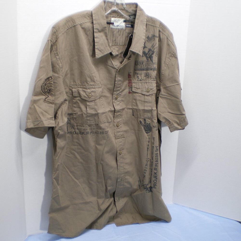 Projek Raw Button Down Short Sleeve Casual Olive Shirt, Size XXL
